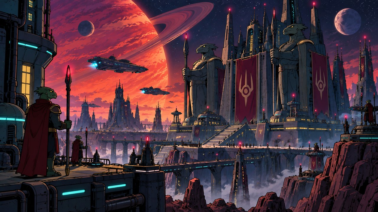 An imposing alien citadel beneath a red planet and a dark sky.