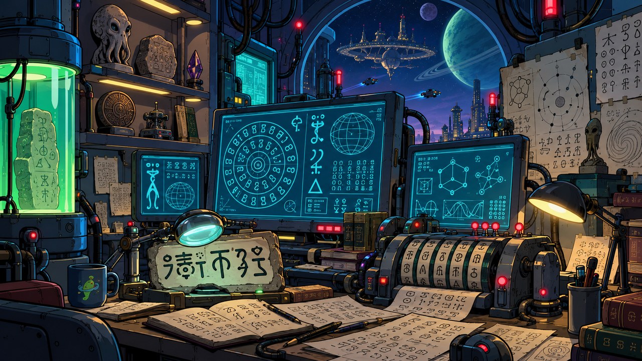 A retro laboratory desk with glowing symbol displays, notes and decoding equipment.