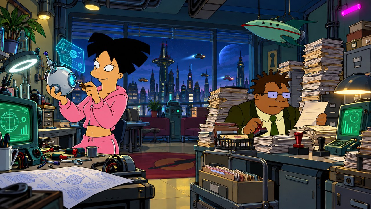 Amy examines a scientific device while Hermes works through stacks of paperwork.