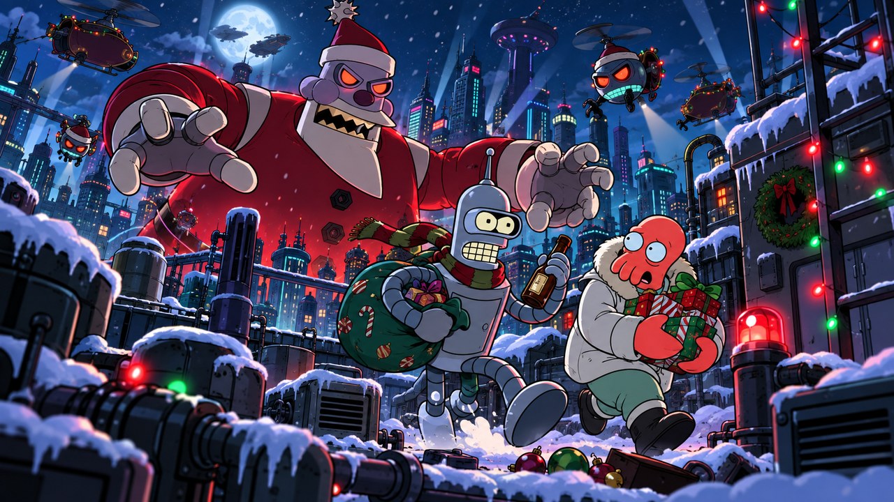 Bender and Zoidberg flee a towering robot Santa on snowy industrial rooftops.
