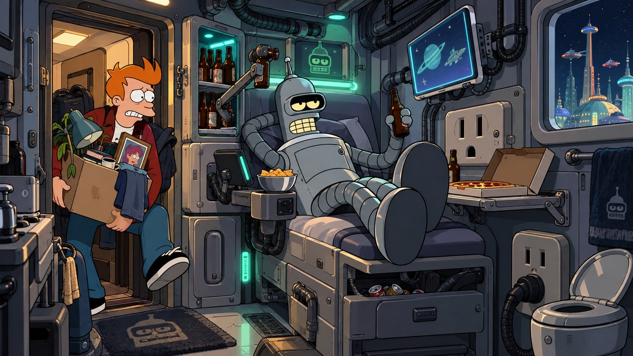 Fry carries a box into a cramped metal room where Bender lounges.