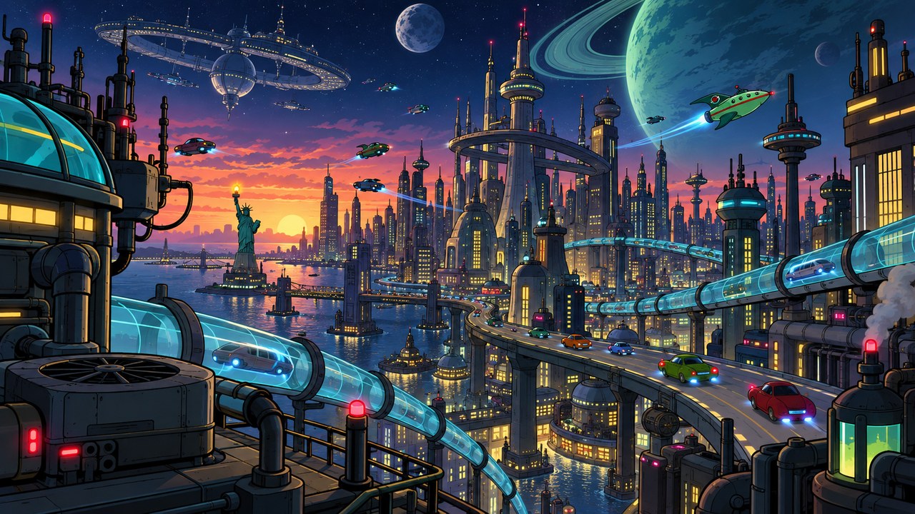 A futuristic city at sunset, with glowing transit tubes and flying traffic.
