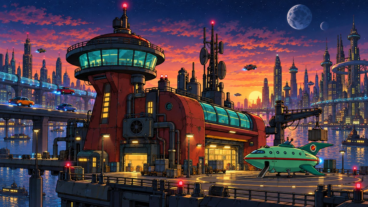A red futuristic delivery headquarters and green spacecraft beside the city.