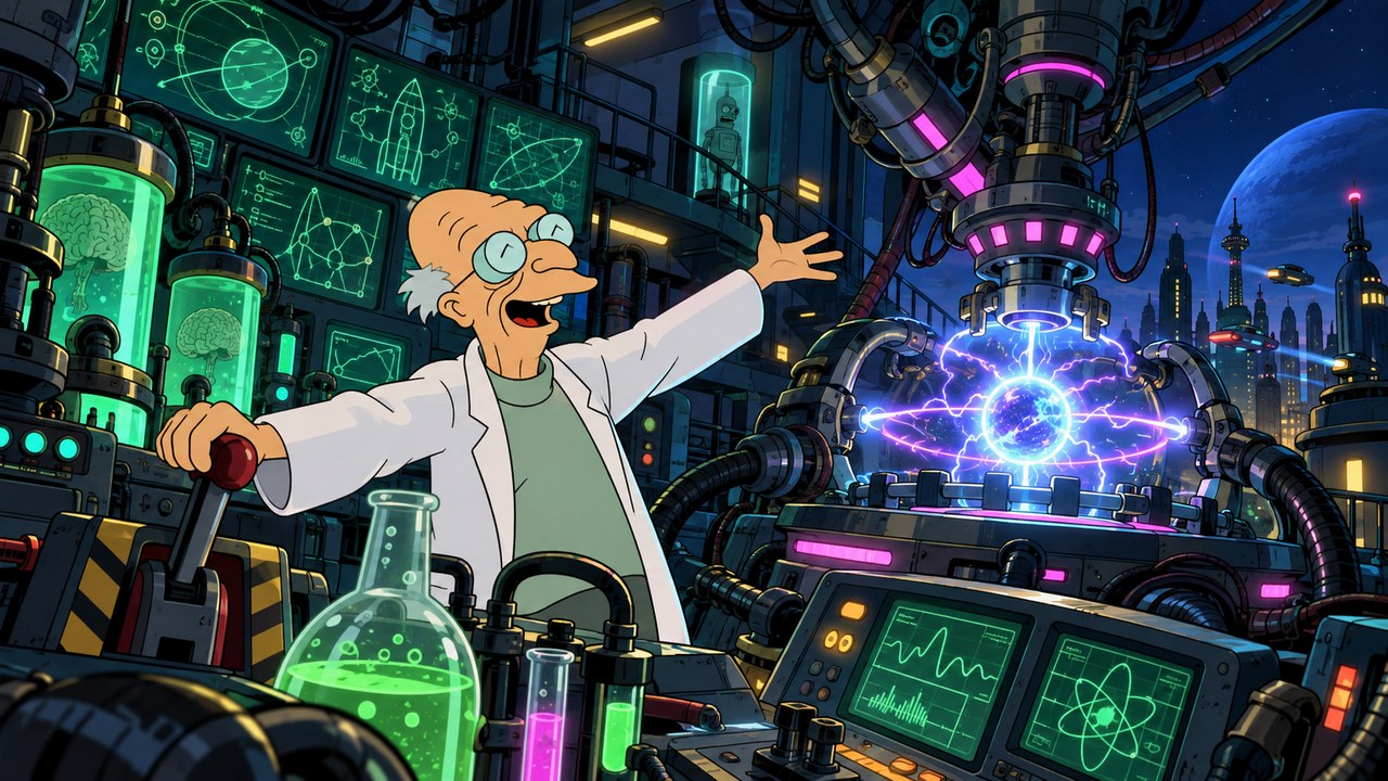 Farnsworth gestures toward a glowing energy experiment in his laboratory.