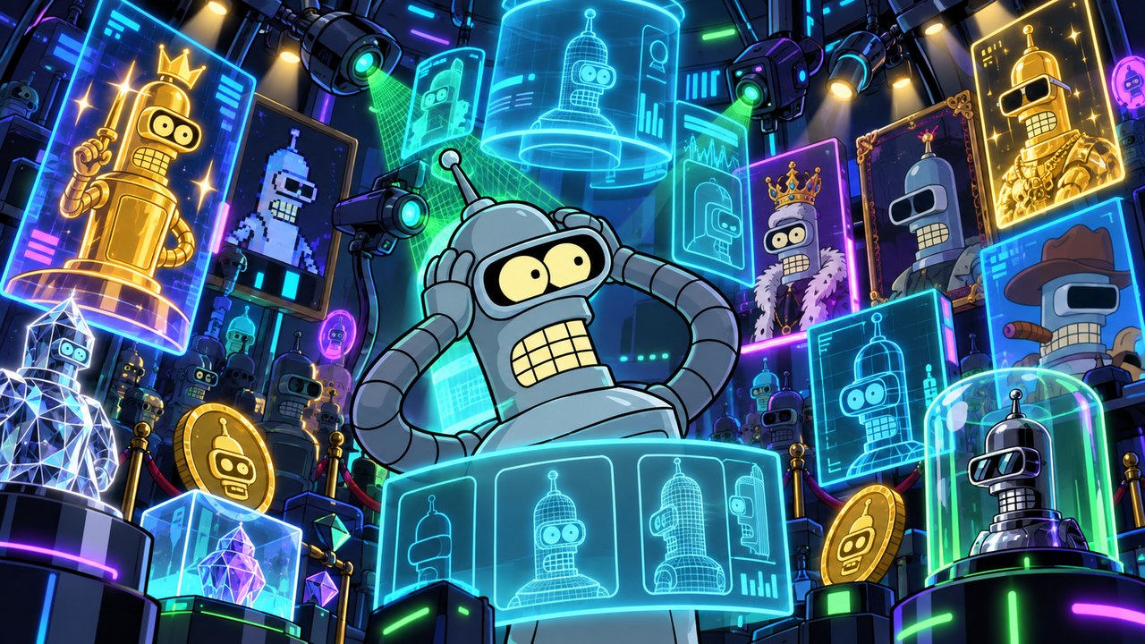Bender looks uneasy among bright holographic robot collectibles.