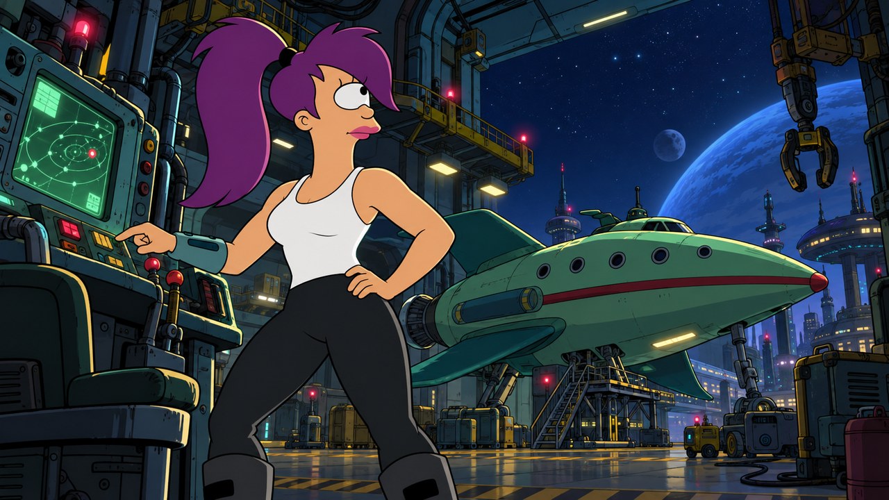 Leela stands at a hangar control console with the green delivery ship behind her.