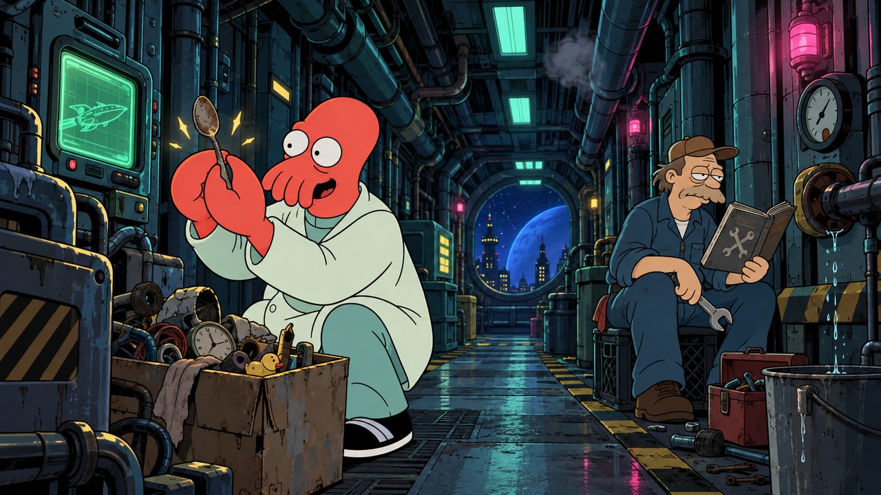 Zoidberg rummages beside machinery while Scruffy reads in a maintenance corridor.