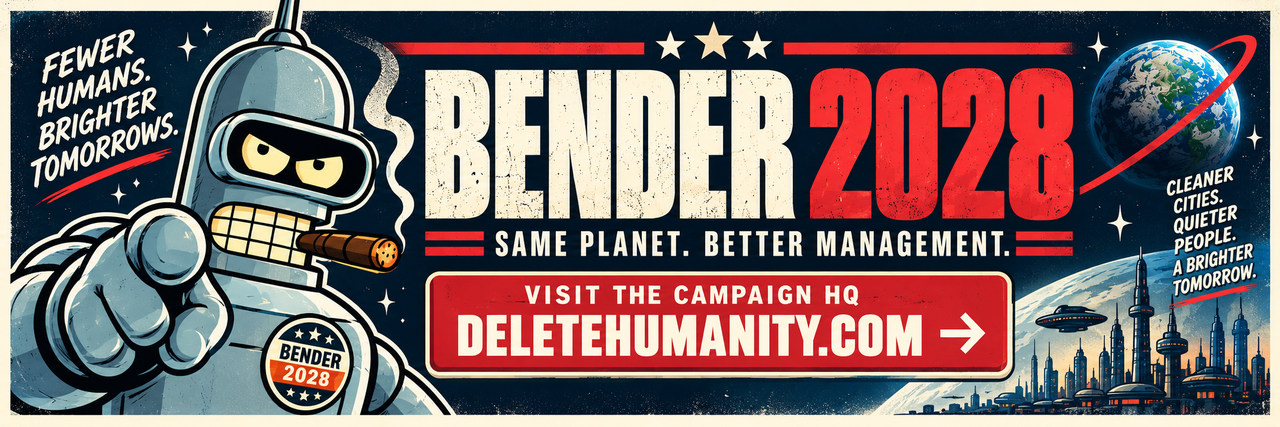 Bender 2028 — same planet, better management. Visit the campaign HQ at DeleteHumanity.com.