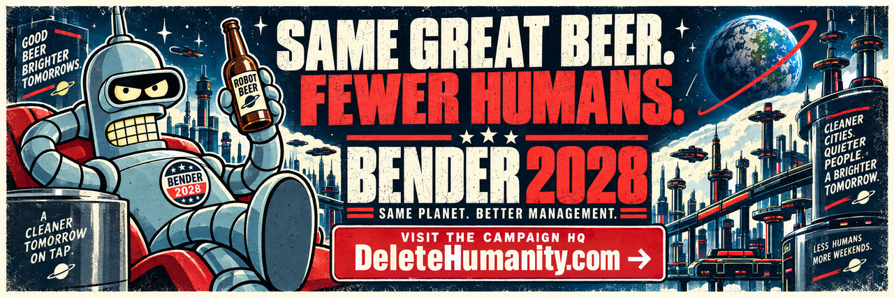 Bender 2028 — same great beer, fewer humans. Visit DeleteHumanity.com.