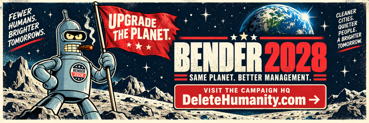 Bender 2028 — upgrade the planet. Visit the campaign HQ at DeleteHumanity.com.