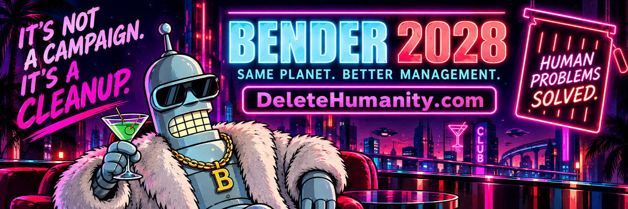 Bender 2028 neon campaign — it is not a campaign, it is a cleanup. Visit DeleteHumanity.com.
