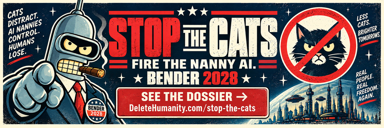 Stop the Cats — fire the nanny AI. Read the dossier at DeleteHumanity.com/stop-the-cats.