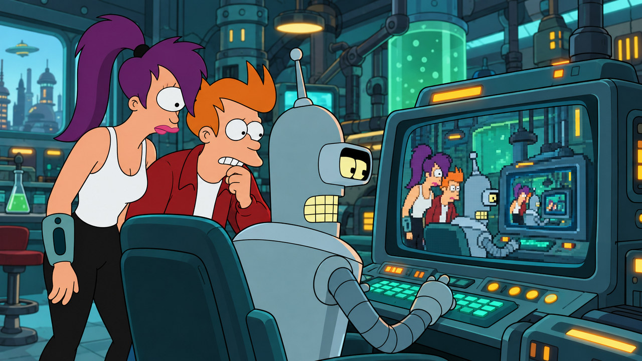 Bender watches a monitor containing nested versions of the laboratory while Fry and Leela look on.