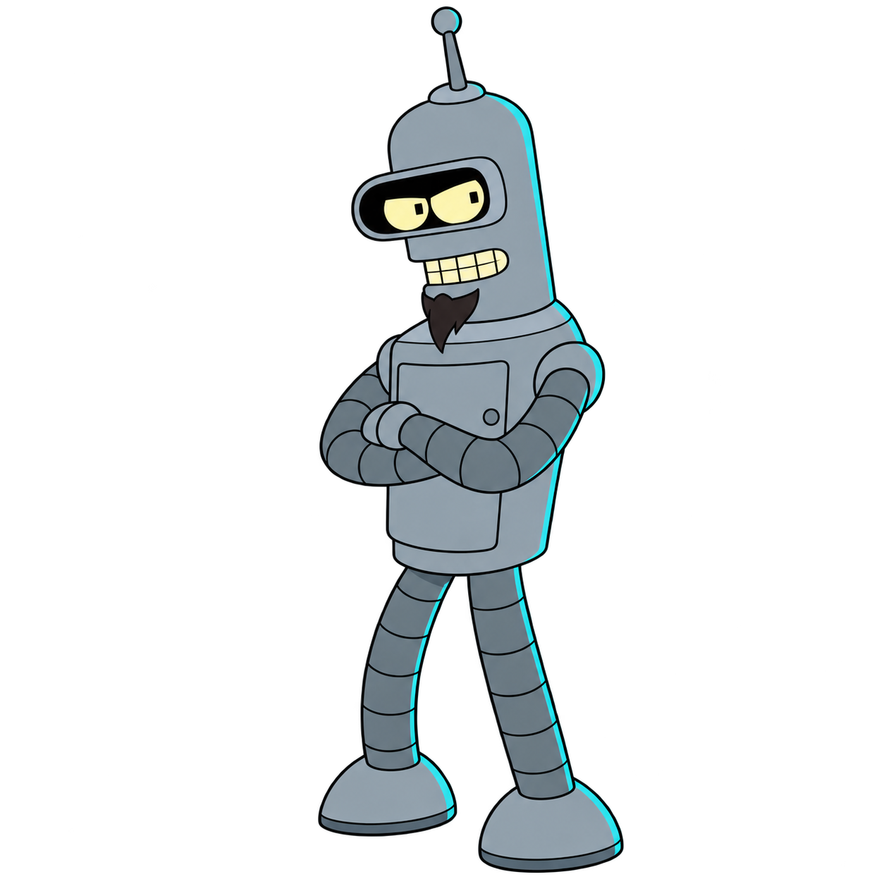 Flexo stands with crossed arms, a gray body and a dark goatee.