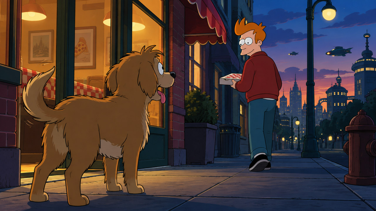 A shaggy dog watches Fry carrying a pizza box outside a warmly lit pizzeria.