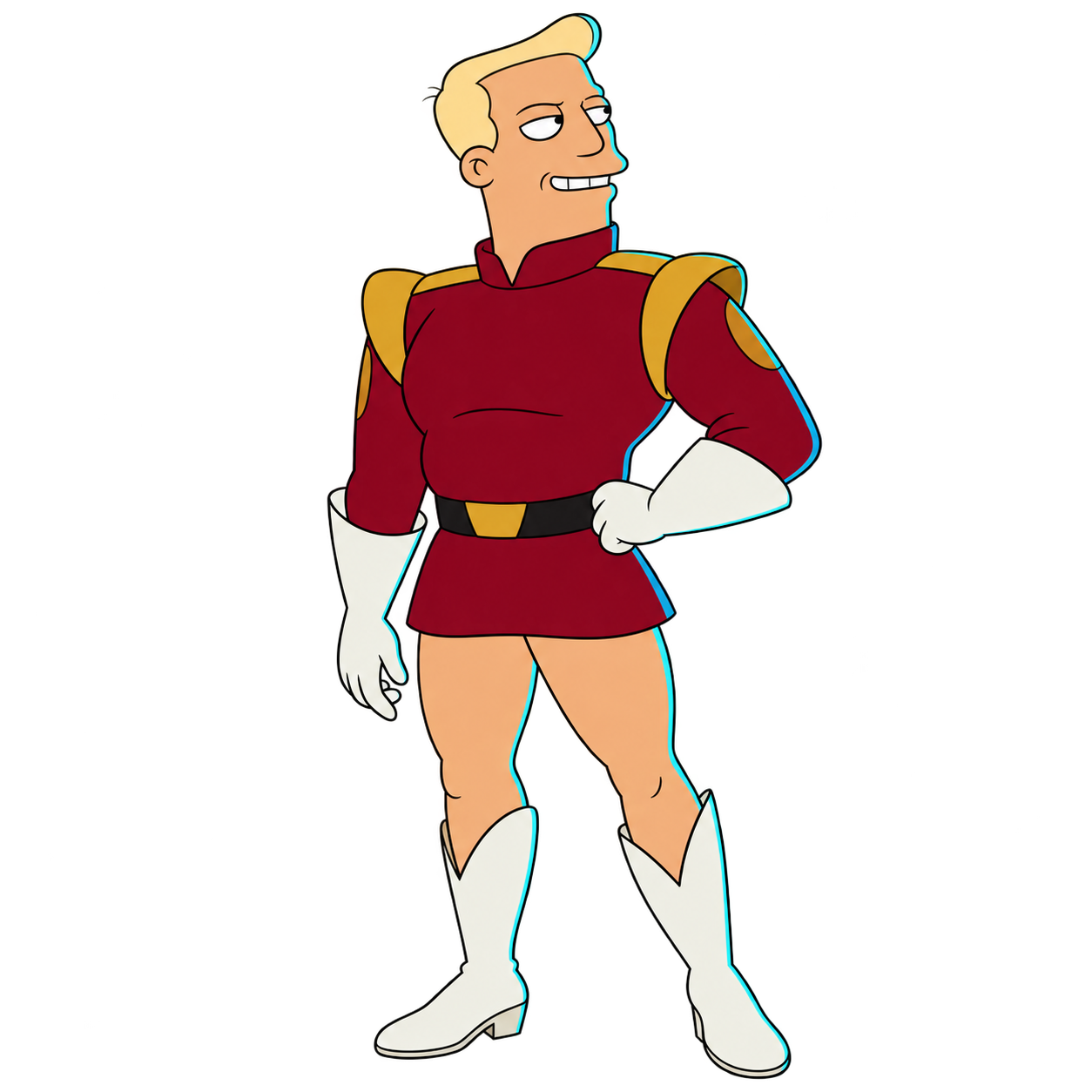 Zapp Brannigan poses confidently in a red uniform and white boots.