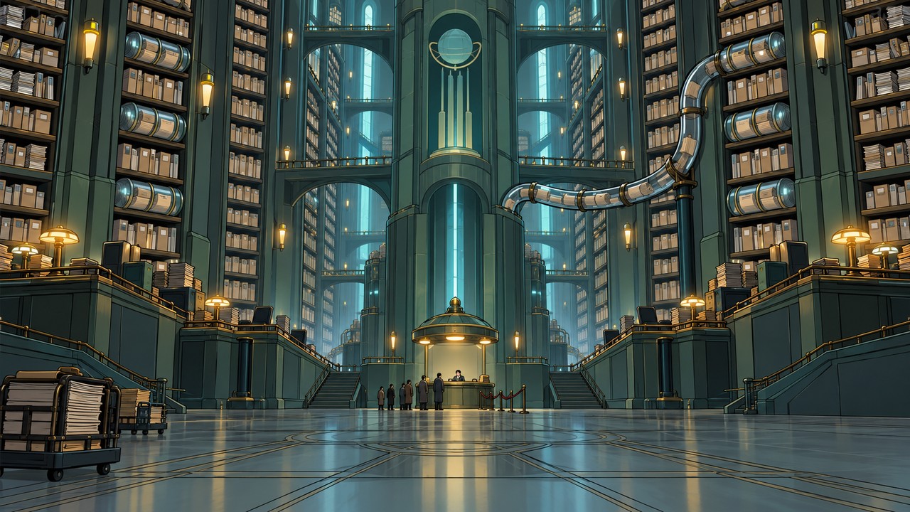 Tall filing shelves and document tubes dwarf a service desk in a cavernous hall.