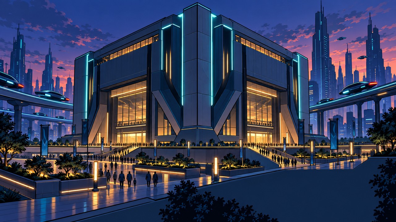 A large cube-shaped venue glows above a plaza of small visitors at dusk.