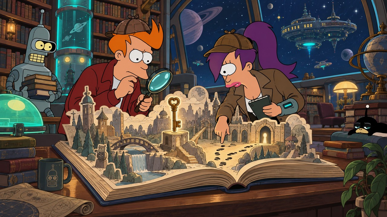 Fry and Leela investigate a miniature paper landscape rising from a large open book.