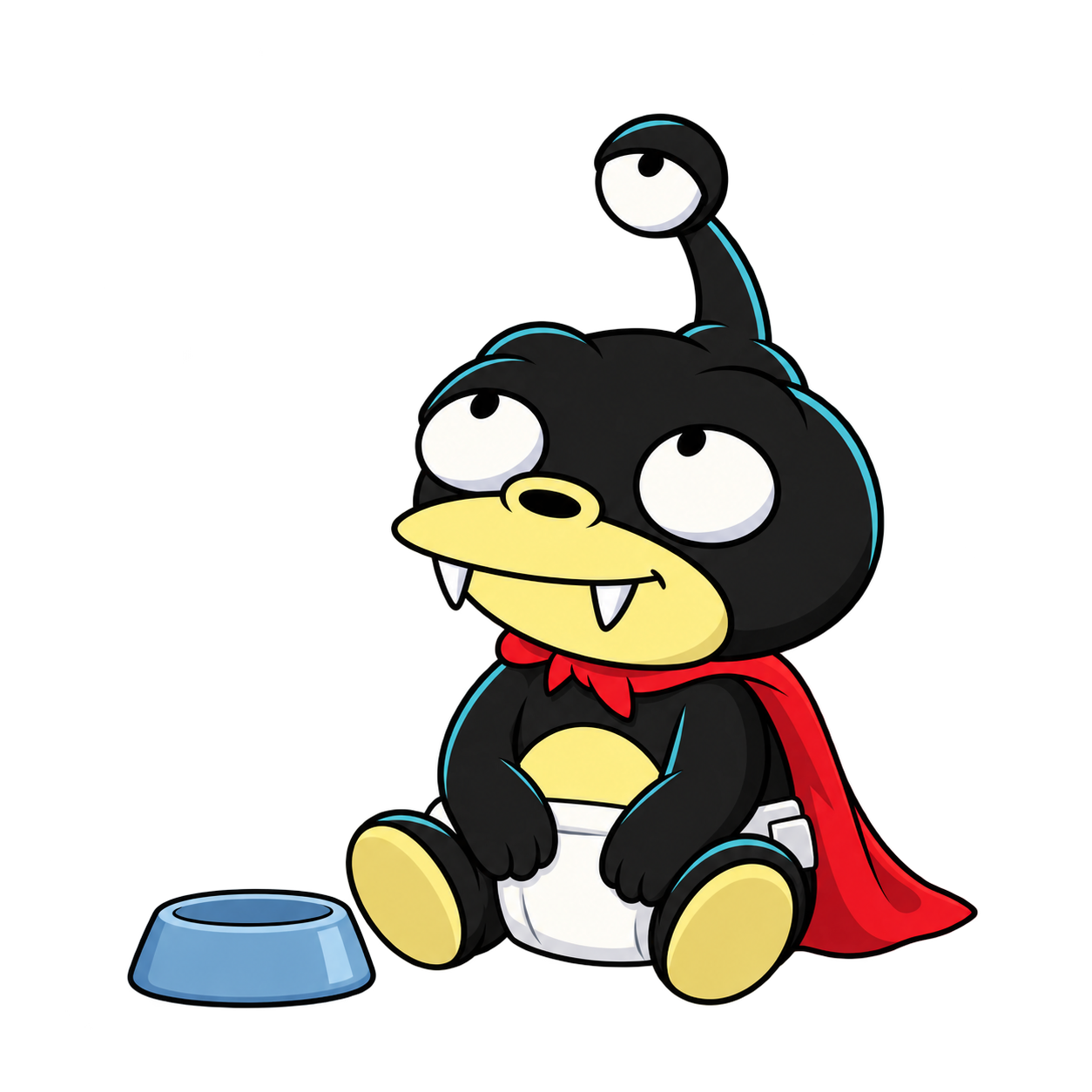 Nibbler sits beside a small bowl with his red cape and three eyes visible.