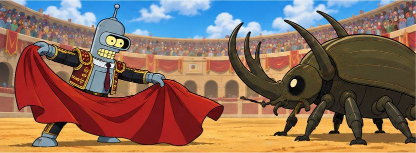 Bender flourishes a red cape opposite a large beetle in an arena.