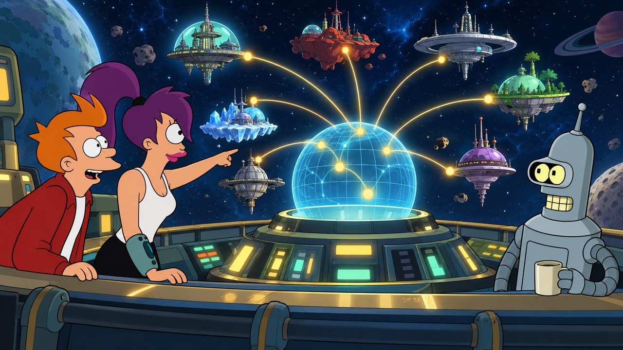 The delivery crew watches luminous connections linking different orbital outposts.