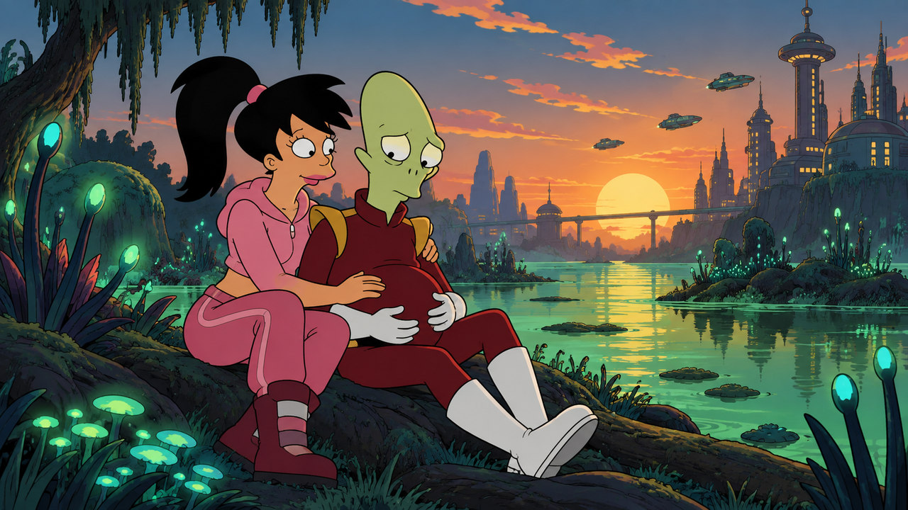 Amy and Kif sit together beside a quiet marsh at sunset.
