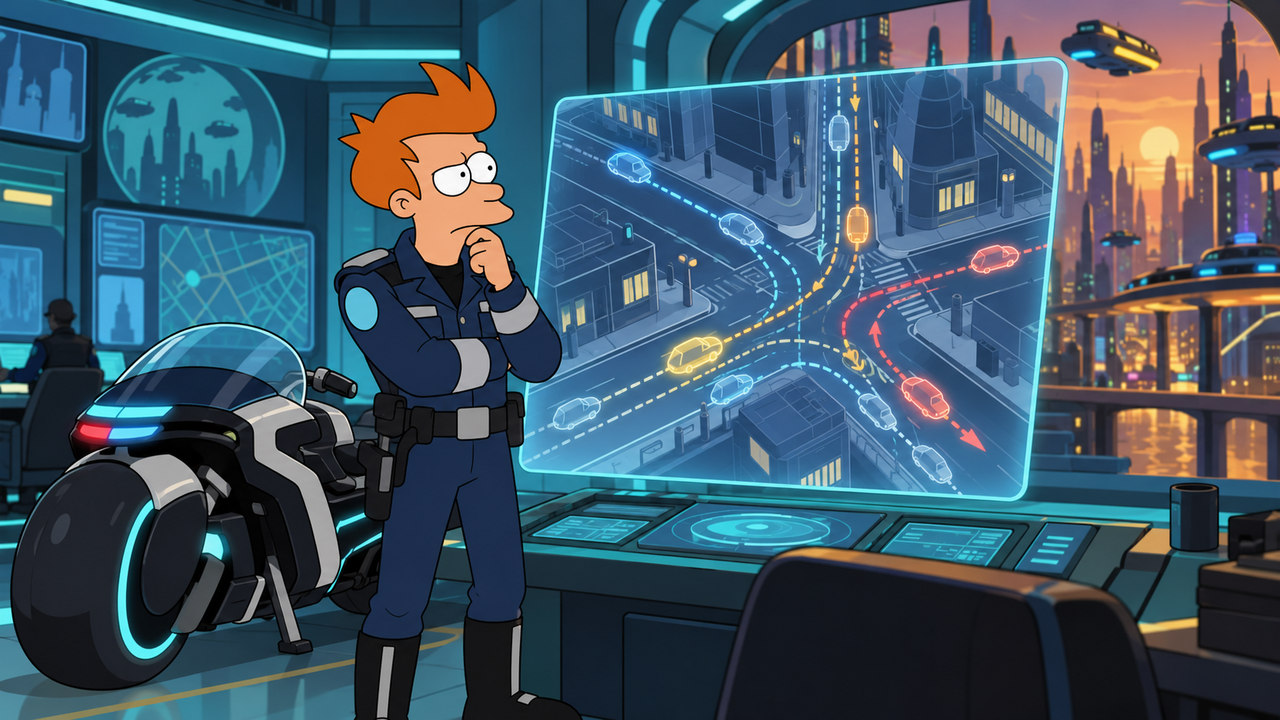 Fry in police uniform studies glowing routes beside a futuristic motorcycle.