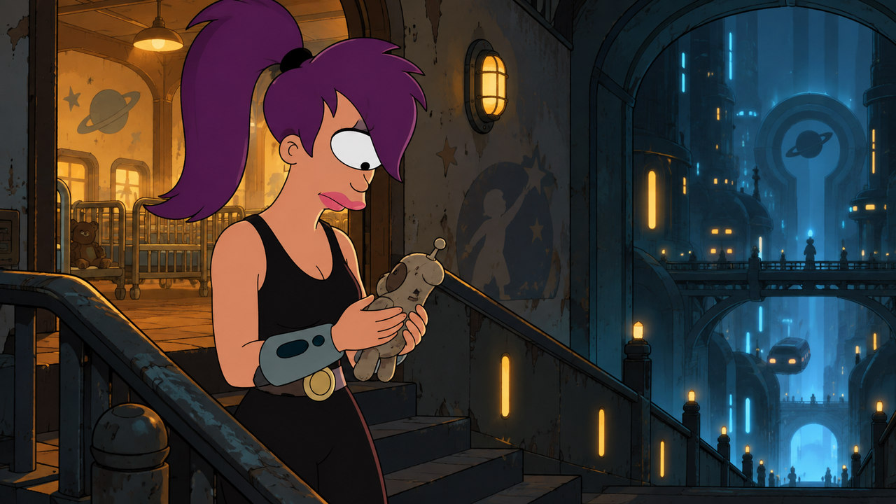 Leela holds a small keepsake at a dim doorway overlooking an underground passage.