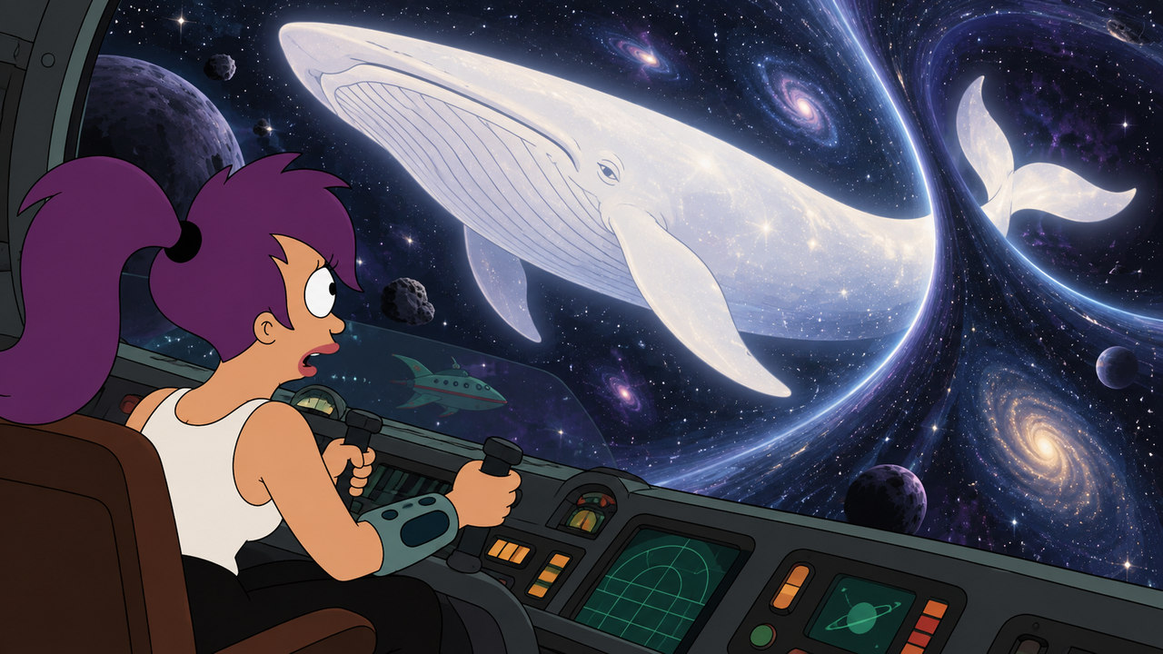Leela pilots the ship toward a huge white whale suspended in a swirling starfield.