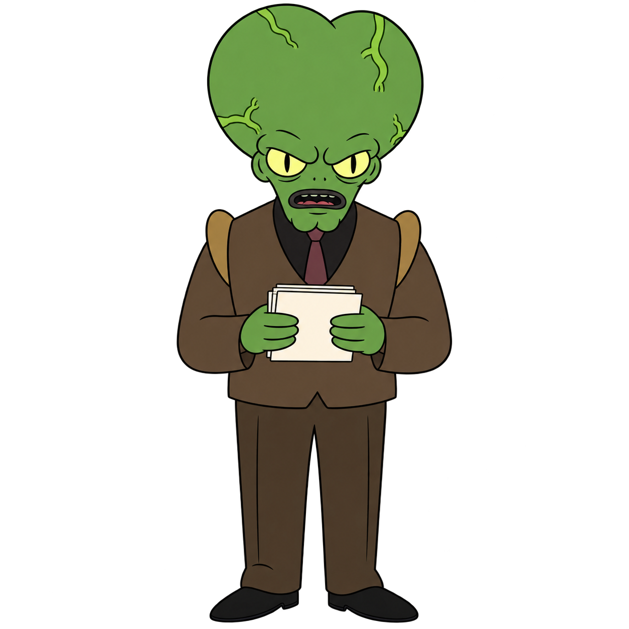 Morbo stands in a brown suit holding blank cue cards.
