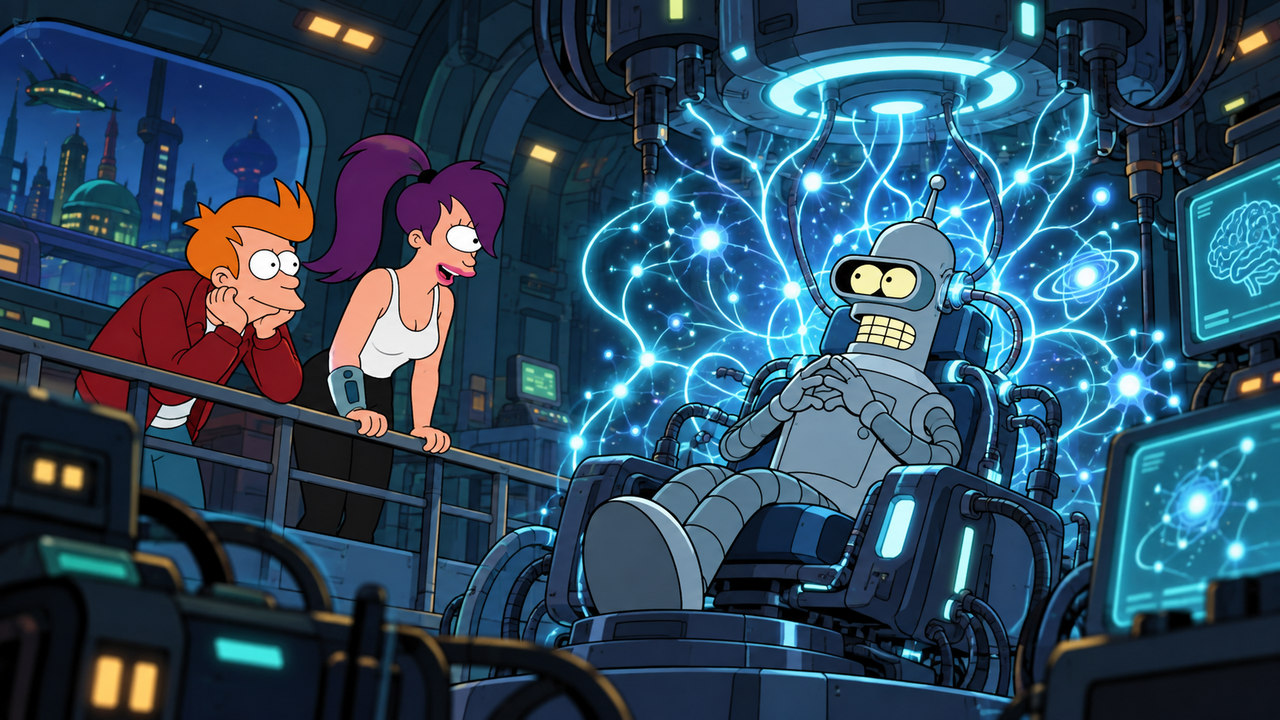 Bender sits beneath branching blue light patterns as Fry and Leela observe.
