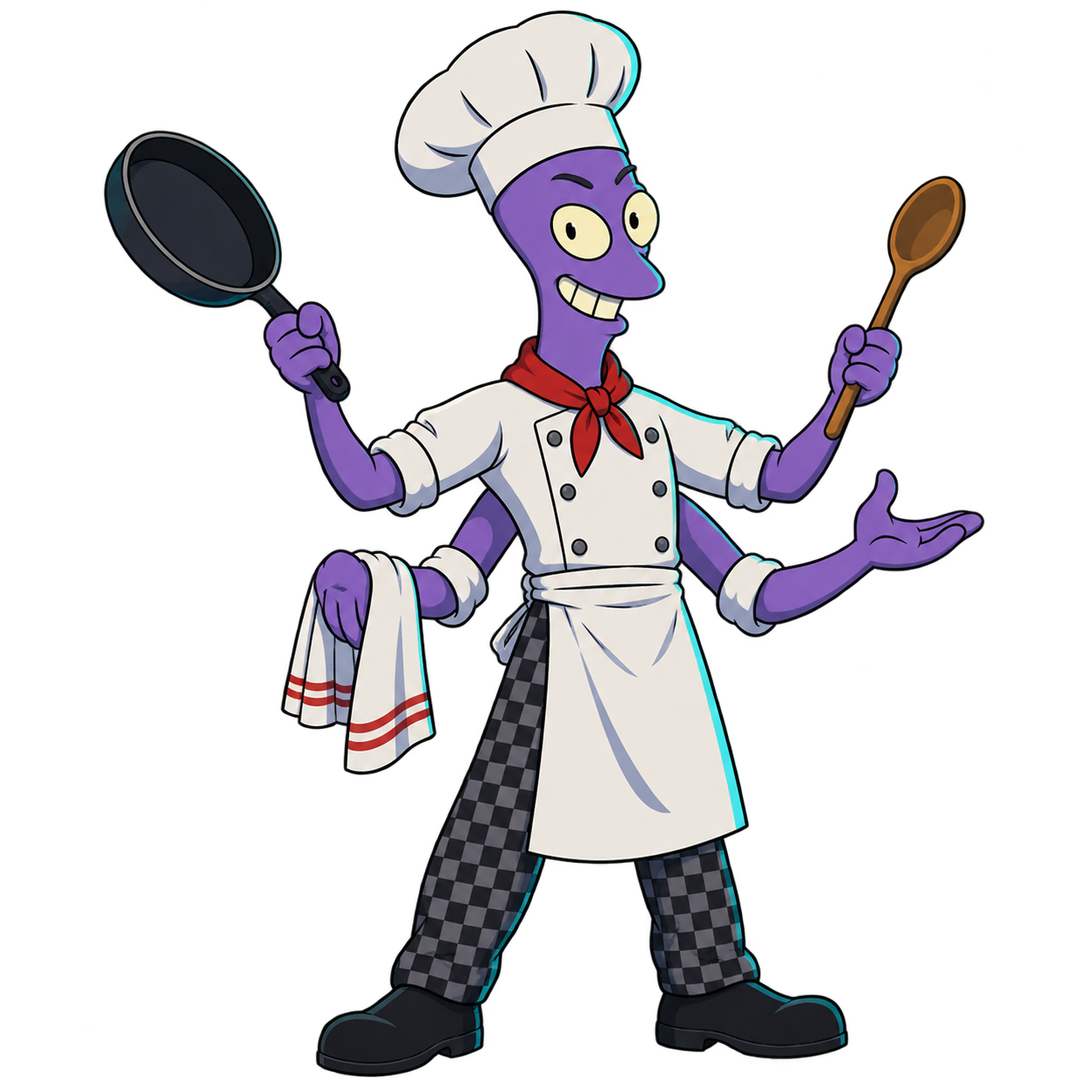 Elzar holds cooking utensils in four separate arms.