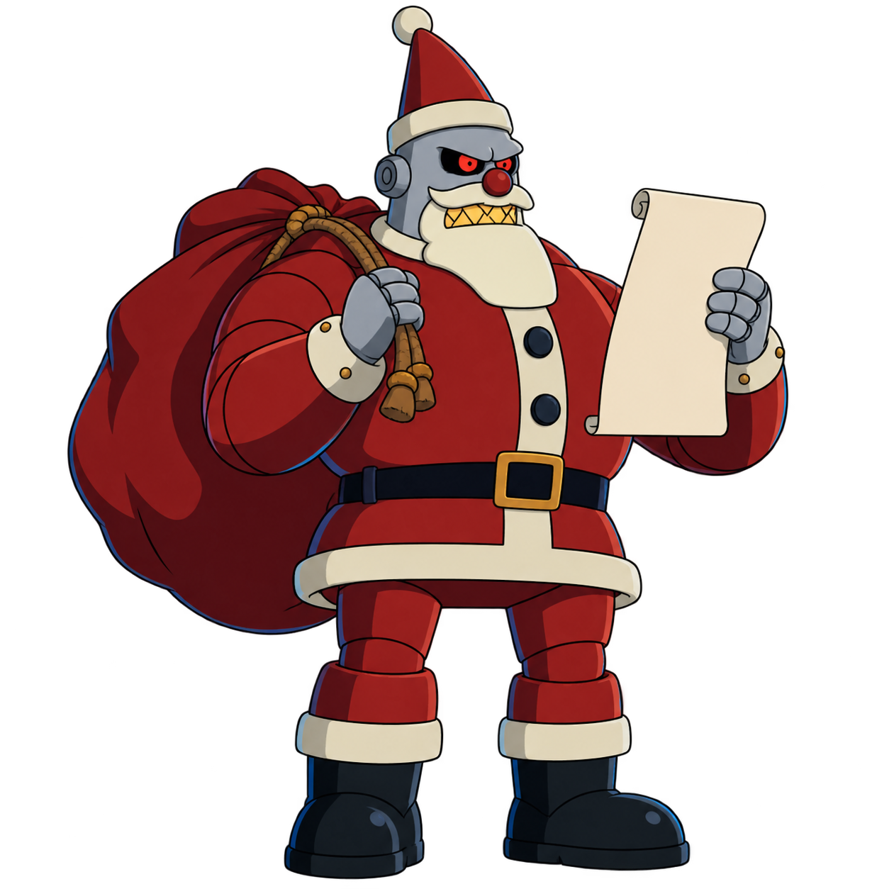 Robot Santa inspects a blank scroll beside a tied gift sack.