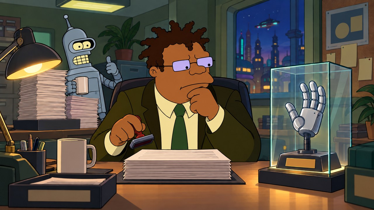 Hermes studies a displayed mechanical hand while Bender waits by the office files.