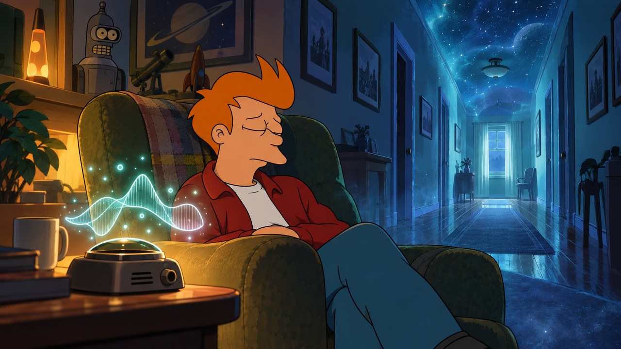 Fry sleeps beside a radio as an illuminated dreamlike hallway stretches into the distance.