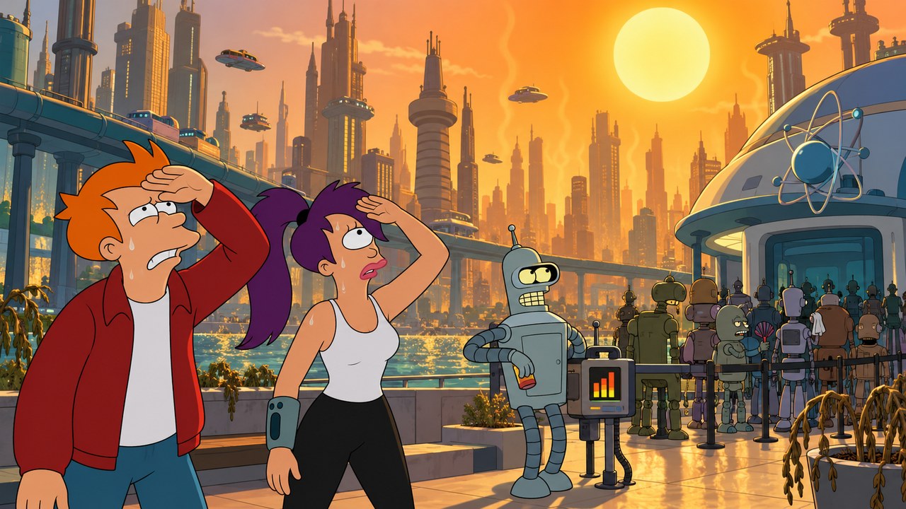 Fry and Leela shelter their eyes from harsh sunlight while robots queue by a monitor.