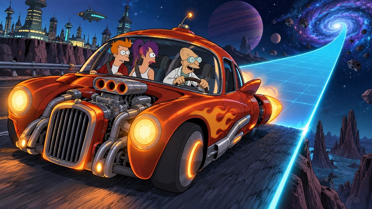 Farnsworth drives toward a road that flattens into a luminous ribbon.