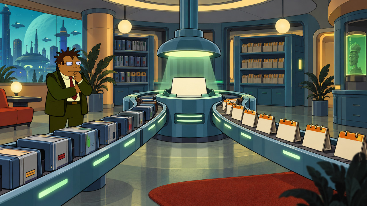 Two curved archive conveyors lead to a glowing terminal while Hermes watches.