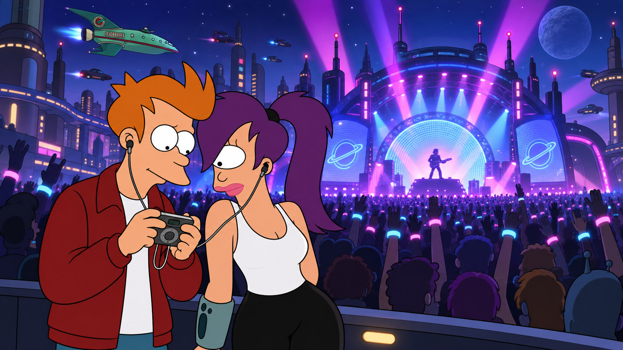 Fry and Leela stand in a crowd beneath the lights of an outdoor concert.