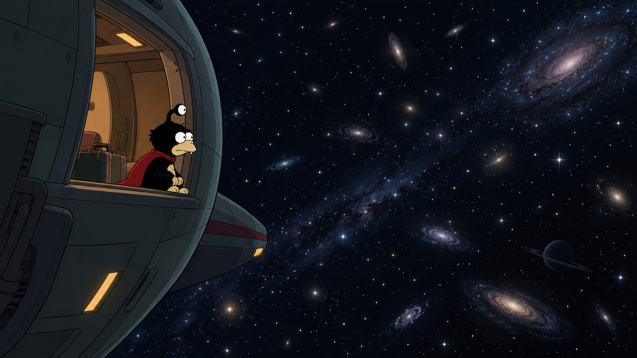 Nibbler looks from an open spacecraft hatch into a vast starfield.