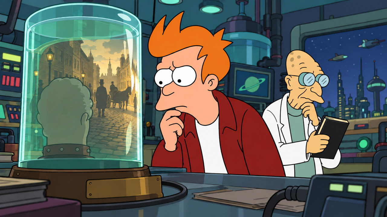 Fry and Farnsworth study a preservation jar containing an impossible city reflection.