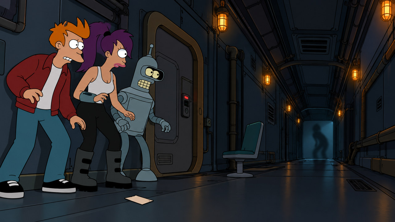Fry, Leela and Bender peer into a dim spacecraft corridor.