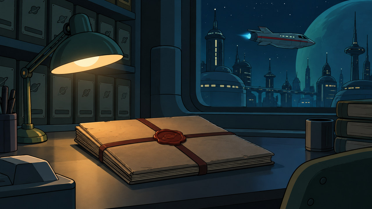 A sealed, unlettered folio rests on a quiet futuristic archive desk.