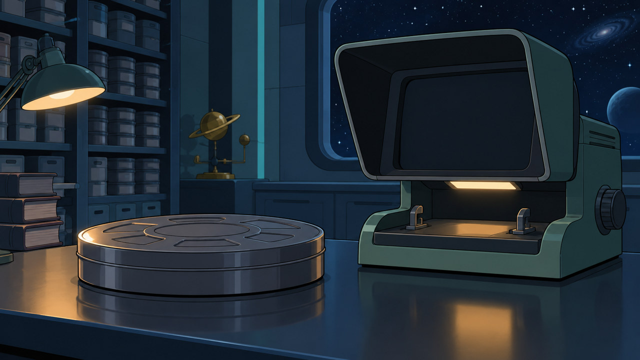 A closed archival reel and an inactive viewer sit beneath a desk lamp.