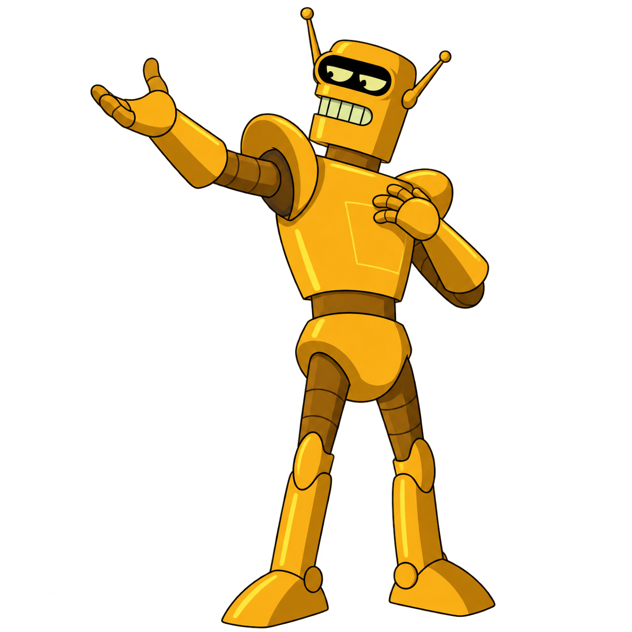 An angular gold actor robot with side aerials gestures theatrically with one hand at his chest.
