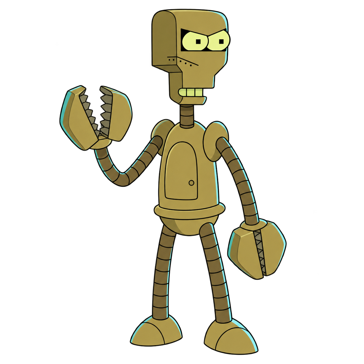 A slender olive-metal robot raises one of two serrated clamp hands.