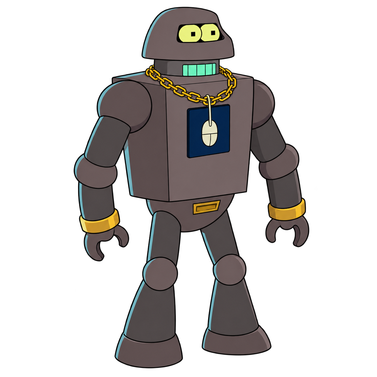A broad dark robot wears a computer-mouse pendant and gold chain.