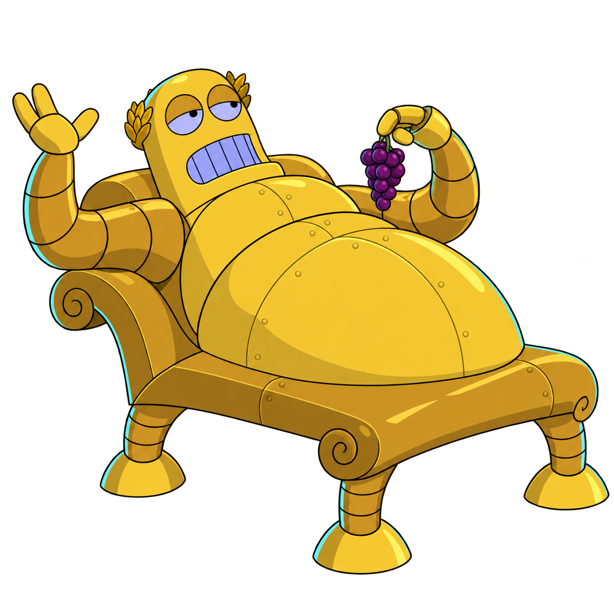 A rounded gold reclining robot holds grapes in a body integrated with a couch-like support.
