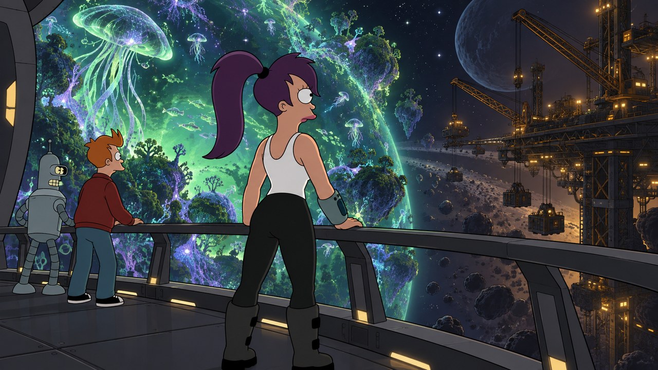 Leela and Fry stand between a luminous cosmic ecosystem and distant construction machinery.
